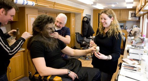 Rick Baker applying the The Wolfman prosthetic to Benico Del Toro. #WerewolfWednesday