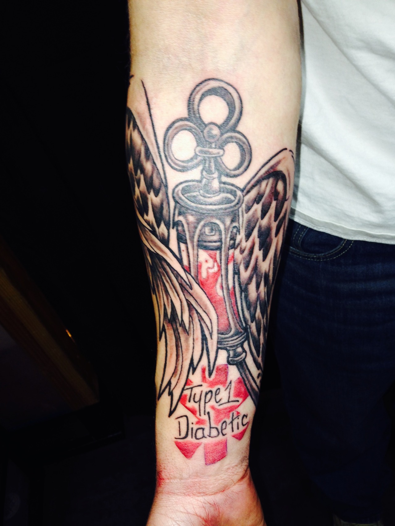 Bryan Barberi’s diabetic ink. I love this one.
Bryan was diagnosed at age 10, now 23. His father is also a type 1 diabetic. Bryan is an auto-tech at GM and loves building and racing. He is also into the outdoors, climbing, firearms, and hunting....