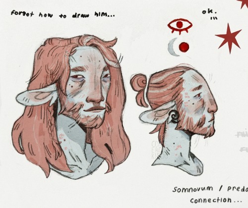 two portraits of Caduceus from critical role, one at a three-quarters angle and one from the side, with his hair tied back. above his head is a red eye and a blue and red moon. the notes "forgot how to draw him" and "ok" are written above him too.