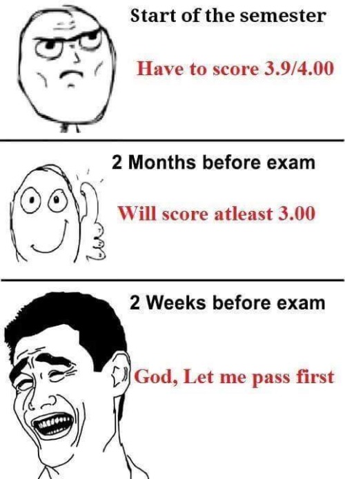 The three stages before an exam. 