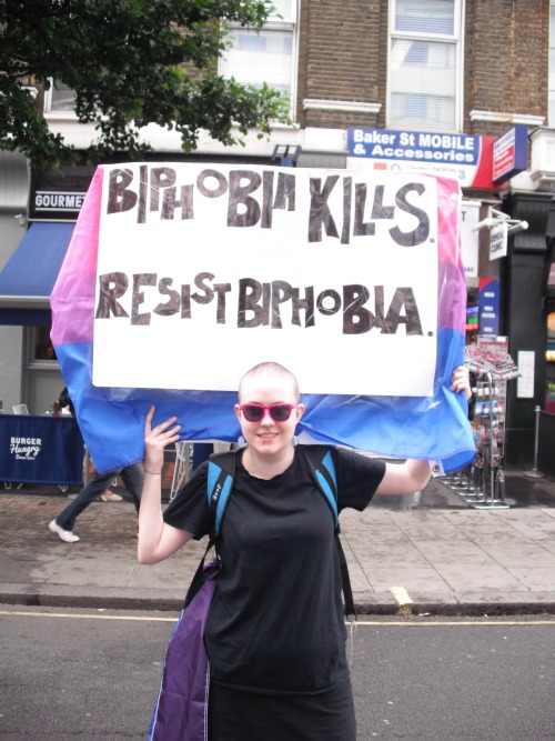 j-applebee:  London LGBT Pride 2014 was the biggest one ever! There was a huge visible bi presence, with over sixty in the bisexual marching group. The wet weather didn’t dampen our spirits too much, and even the biphobic remarks shouted by fellow marcher