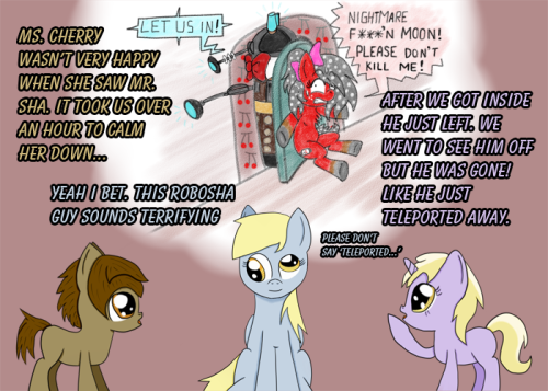 outofworkderpy:  Dinky: …I-I don’t know! XD Derpy: Lets go home. its been a loooooooong day. -_-‘ (( Guest Colab Artist: inqusitivecolt did the foreground Dinky, Derpy and his OC Inquisitive Colt, panels 2-5! He also did the original drawing from