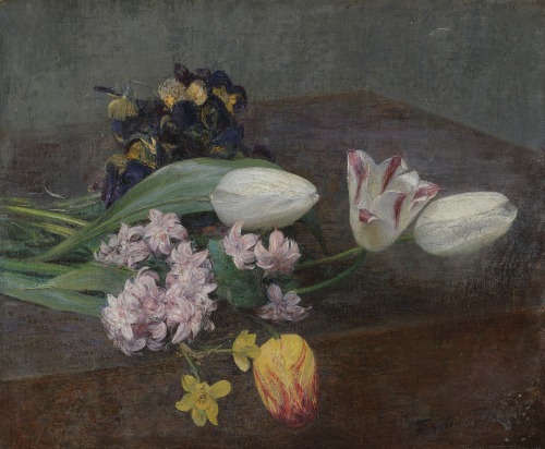 laclefdescoeurs:Jacinthes, Tulipes et Pensées posées sur une Table, 1871, Henri Fantin-Latour