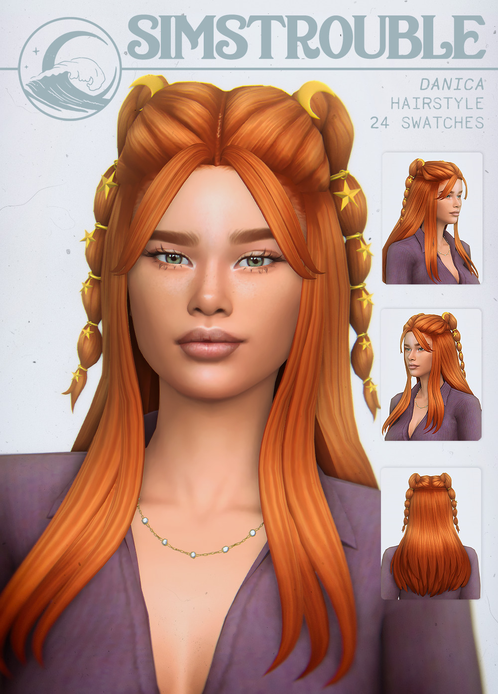 simstrouble:
“DANICA by simstroubleInspired by a hair I saw on Pinterest and gave it a go. So, here it is. Buns, stars, and moons. Either you’re gonna love it or you’re gonna hate it, I don’t mind. Ciao 🎄
• Base Game Compatible
• 24 Swatches
• All...