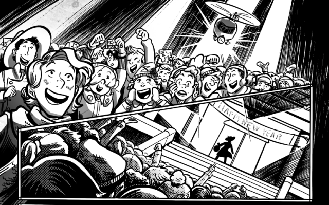 black and white panels from a comic. A crowd cheers as while a helicopter shines a spotlight from above. Reverse panel of the same crowd, the spotlights converge on a silhouetted figure atop the steps of a grand building.