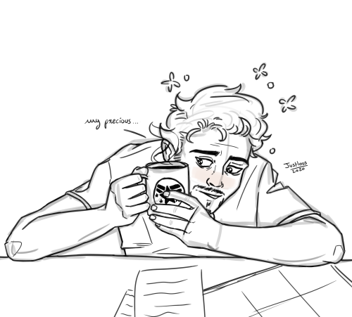 justlous-art:tony stark cuddling a coffee mug requestbuy me a ko-fi and get a sketch!