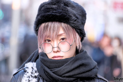 tokyo-fashion:  Uri on the street in Harajuku with pastel hair. He’s wearing a faux fur hat, a resale leather jacket over a Hajime Fantasy “Sentimental” hoodie, wide leg pants, a WEGO bag, and Vivienne Westwood rocking horse shoes. Full Look 