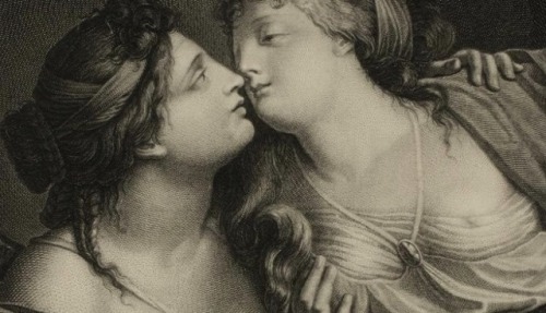 fordarkmornings:Compilation: Lesbian love from mythology depicted in art Sappho and Erinna in a Gard