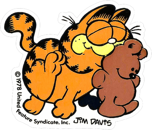 A sticker featuring cartoon cat Garfield. He is walking on all fours with a happy expression while c