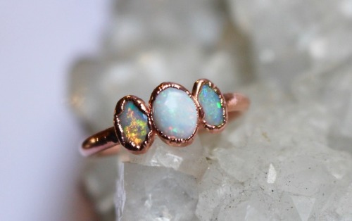 Opal and copper rings - available here Each is handmade and one of a kind!