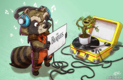 darwentheorca:  nathanielemmett:  Rocket and baby Groot, rocking out to The Beatles by Abraham Lopez.  Probably listening to either Rocky Raccoon or Happiness is a Warm Gun. XD 