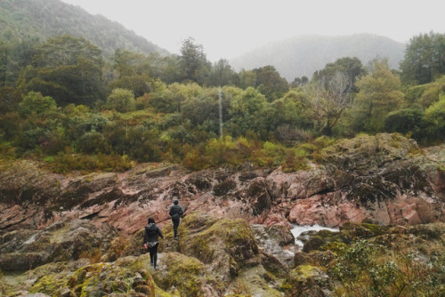 20160927 - Buller Gorge, Westport: My friends climbing over slippery, moss covered rocks in the pour