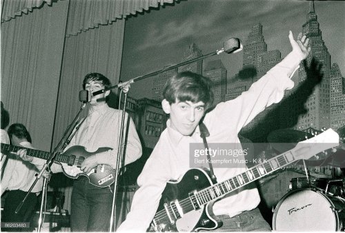 George Harrison, Paul McCartney, John Lennon, Pete Best, and Roy Young on stage at The Star-Club in 
