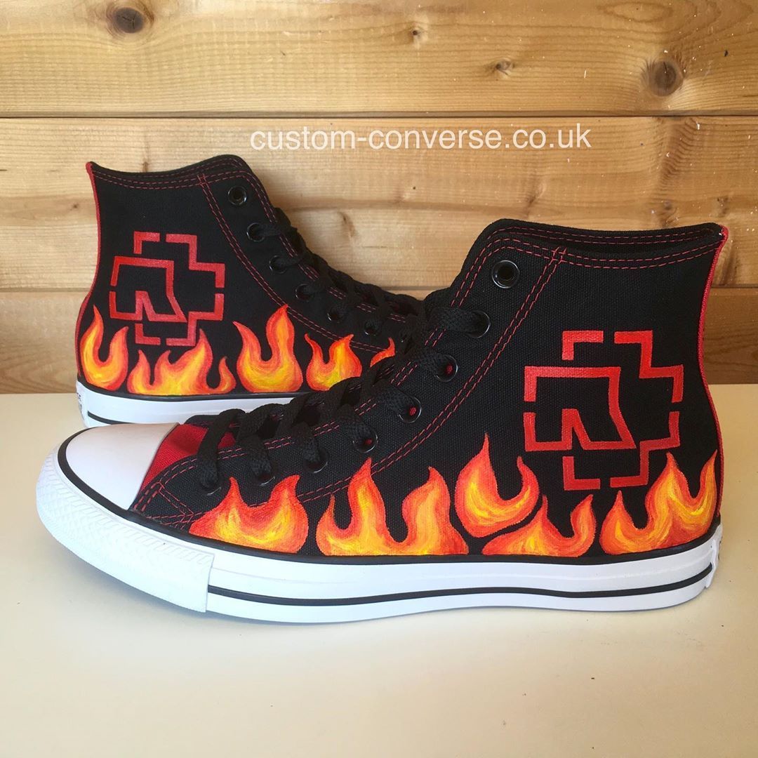 Custom Hand Painted Flames on Black Converse High Tops Fire 