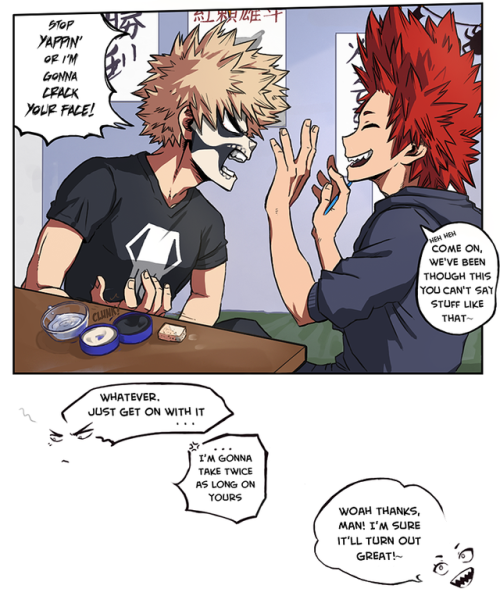  I just wanted to doodle Kirishima putting some skelly facepaint on Bakugou, but it somehow turned i