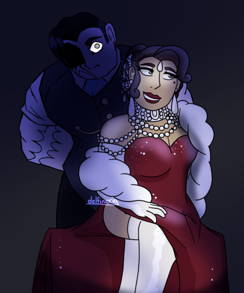 An art piece of Charles and Claire, human man and woman. Claire is sitting in first focus, her tan skin glowing with beautiful white pearl jewelry and long red dress. She is smiling and looks off to the left, rolling her eyes. In second focus is Charles, looming in the background with a stone expression, bathed in blue darkness with his piercing icy eye shining through menacingly. His arms are crossed behind his back and he slightly hunches over just behind Claire, as if waiting for something.