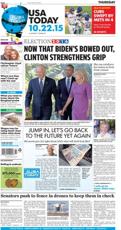 carudamon119:  USA TODAY‏@USATODAYThursday’s front page: Biden bows out. Geofencing for drones. McFly jailed. #BackToTheFuture 