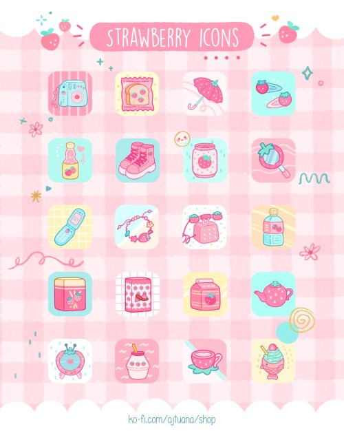 -ˋˏThese juicy strawberry icons are now available in my ko-fi shop! ˎˊ˗ Prints | Wallpapers | Ins