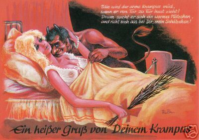 niuniente:  I love how pretty much all German & Austrian “  Gruß vom Krampus” (Greetings from Krampus) vintage Christmas cards are eitherKrampus stealing your kidsKrampus stealing your womanStealing your kidsStealing your womanKIDSWOMANCould