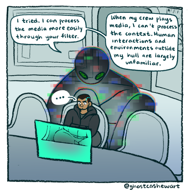 panel 1 of a comic: text reads "Six episodes later, I felt the transport in the feed again, lurking. I ignored it, though it had to know I knew it was there." Secunit sits at a table watching a show while ART, much larger than Secunit, stares at it from the doorway behind it.