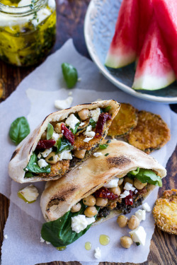 do-not-touch-my-food:  Greek Olive Pesto and Fried Zucchini Grilled Pitas with Marinated Feta and Garbanzo Beans 