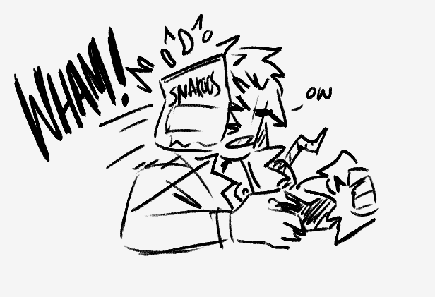 Ema interrupts him again by throwing an entire bag of snackoos. Sound effect text reads, "WHAM!" and Klavier says, "ow" and crumples the case report in his fist.