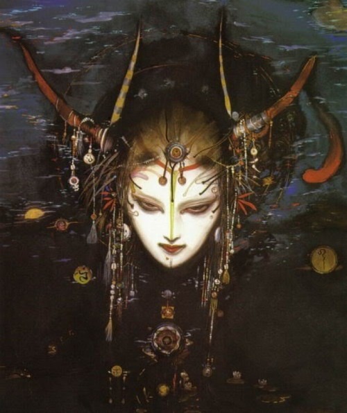  Yoshitaka Amano, japanese graphic artist and character designer, usually made his illustrations with ink and watercolor. Well known for designing characters for video games such as Final Fantasy, or his artwork in Sandman or Vampire Hunter D.  