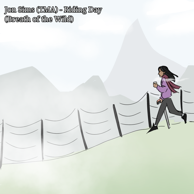 Text: "Jon Sims (TMA) - Riding Day (Breath of the Wild)". A pastel drawing of Jon walking briskly by a fence, holding a drink in one hand and smiling. He's wearing a scarf and a slightly puffy jacket. It is a slightly foggy morning. Mountains are in the distance.