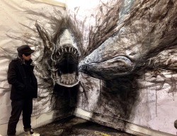 holybolognajabronies:  fiona-tang:Shark vs Humpback Whale (March 2014). As you can tell, the shark was drawn at the corner to make it’s mouth moves with your head movement. I also tried trompe l'oeil with drawing shadows both on walls and floor to make