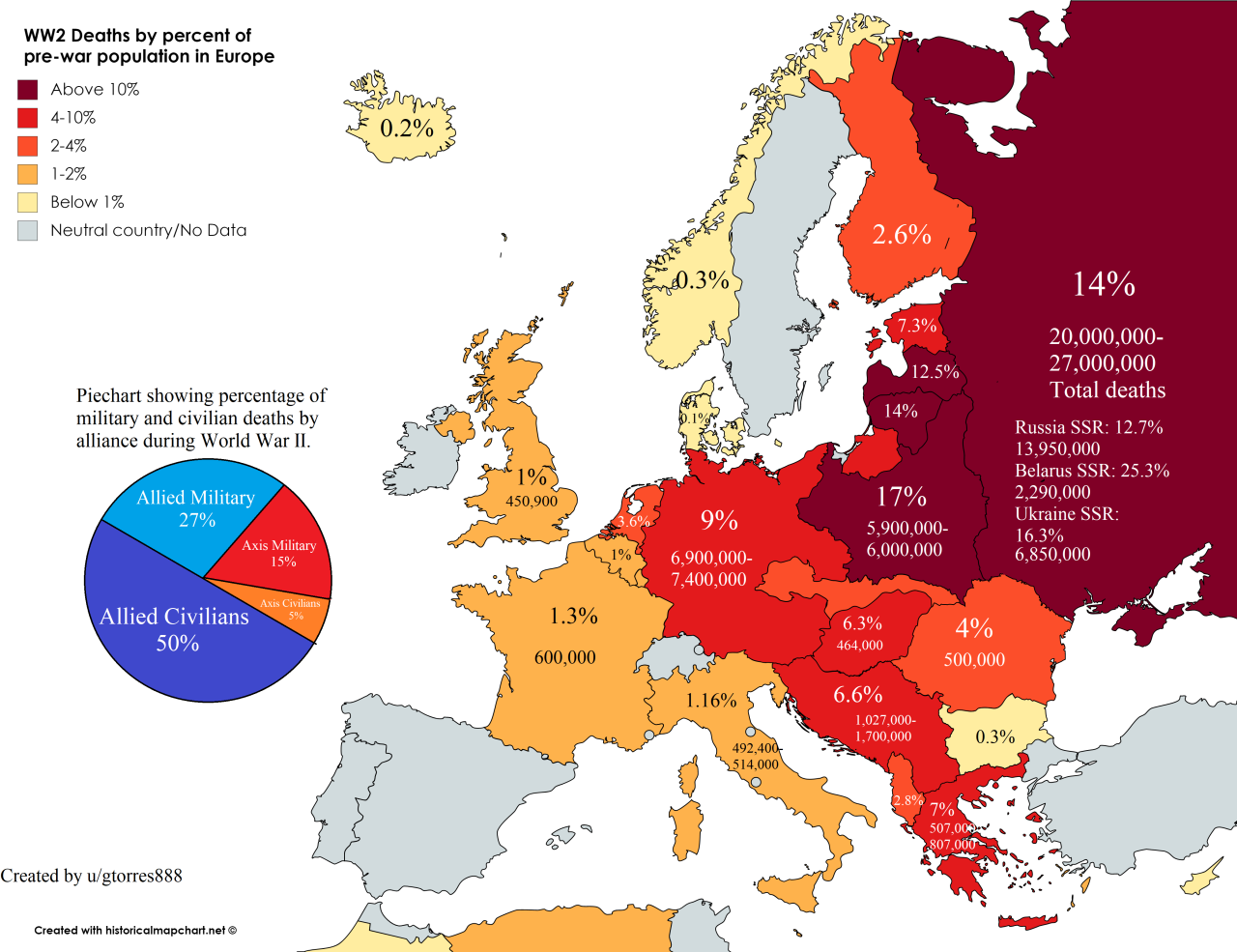 World War 2 deaths by percent of pre-war population in Europe.
Related: WW2 deaths in Asia >>