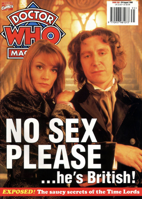Doctor who magazine showing eighth doctor and companion with the text "no sex please, he's British"