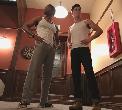 montgomerydelame:Timothy Granaderos perfecting his cop stance for Champions by Fall Out Boy