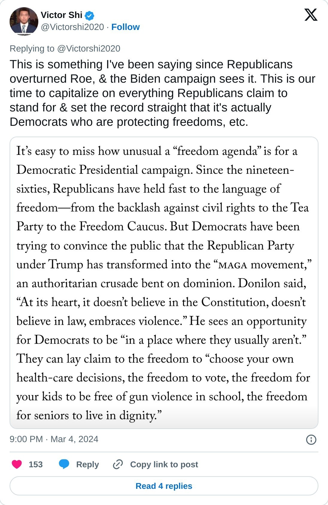 This is something I've been saying since Republicans overturned Roe, & the Biden campaign sees it. This is our time to capitalize on everything Republicans claim to stand for & set the record straight that it's actually Democrats who are protecting freedoms, etc. pic.twitter.com/wkCFutvT4V  — Victor Shi (@Victorshi2020) March 4, 2024