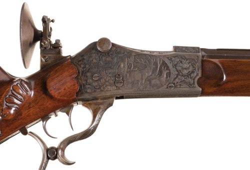 Engraved German Schuetzen rifle crafted by Adam Schurk of Munich, early 20th century.from Rock Islan