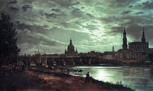  catonhottinroof: Alternative color themes for Dahl’s ‘View of Dresden by Moonlight’ (1839)   exhibited in New Masters Gallery, Dresden and early version of the painting (1838) stored in The National Museum of Art, Architecture and