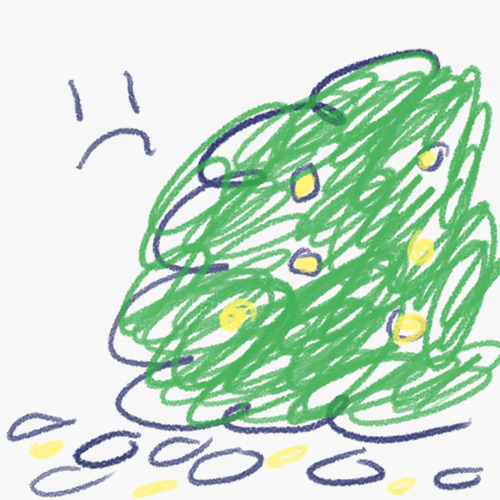 A scribble of a green bush that has flowers ripped off it. The petals are scattered on the ground.