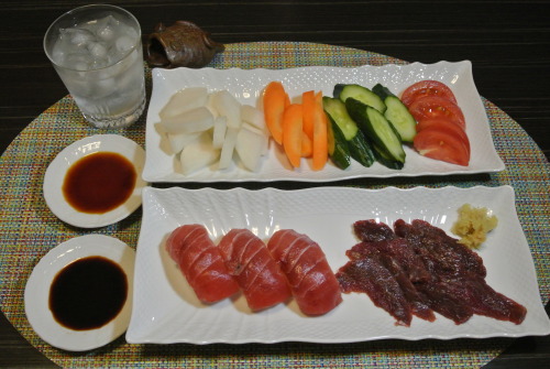 chuck-snowbug:  Basashi(Horse Sashimi), Maguro Sushi &amp; Shochu(Japanese Distilled Beverage) D