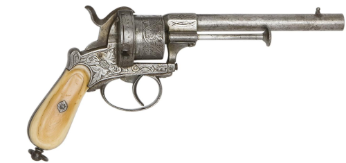 An engraved pinfire revolver with ivory grips, Belgium, mid 19th century.