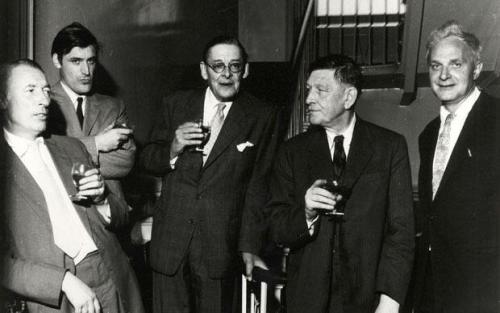 theparisreview:T. S. Eliot, drinking with Ted Hughes, Louis MacNeice, W. H. Auden, and Stephen Spend