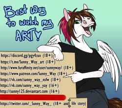 sunny-way:  So… This is really funny. But tumblr did what he did. Choose the best way to continue watch my art! (I prefer discord, it’s nice place and we can chat :&gt;)  https://discord.gg/pgy4zux (18+) - chat rooms, Rus/Eng https://t.me/Sunny_Way_art