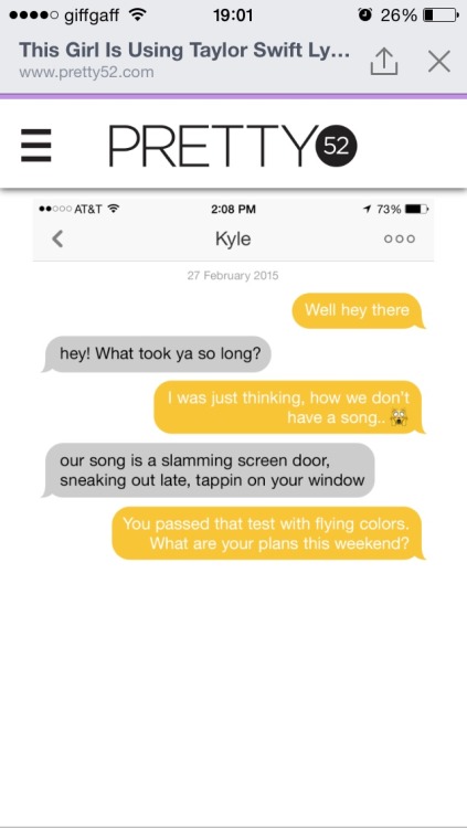 goodgirlwhoshopeful: closestthingtomichellepfeiffer: A girl used Taylor Swift lyrics to flirt omg, t