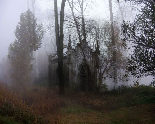 mynocturnality:Small, abandoned church, hidden by milky fog.
