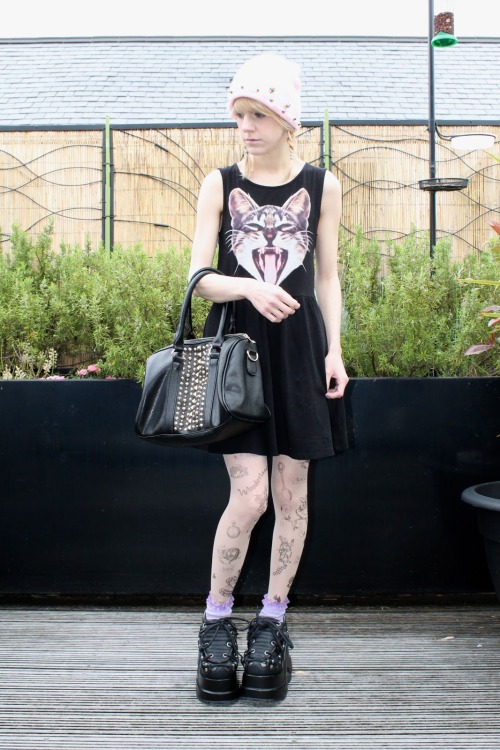 Fashionmylegs: Style Pick  Dress - H&amp;M Beanie - DIY Bag - Forever 21 Tights - eBay Socks - Tops