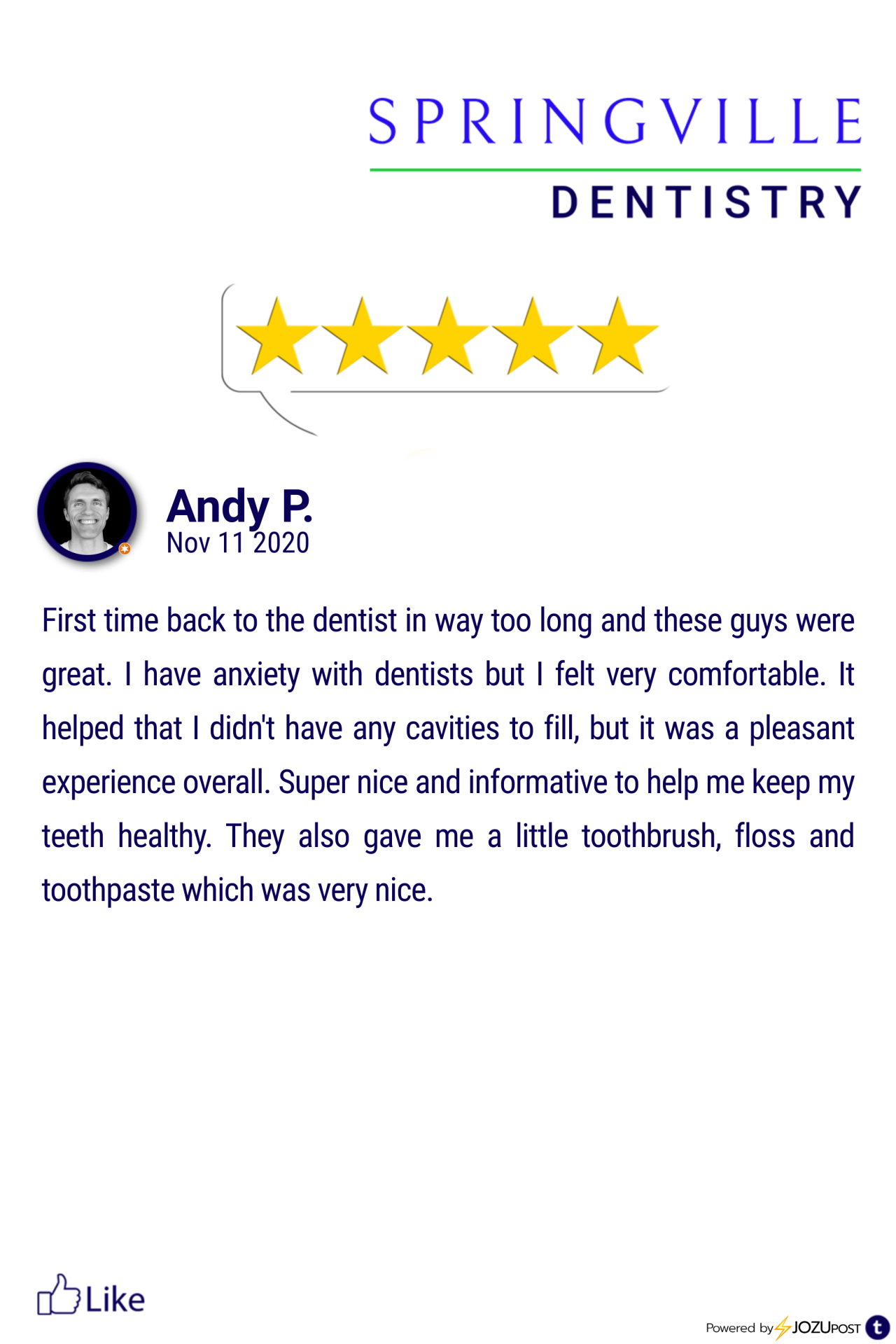 We appreciate our patients!
Here is our latest Five-Star Review from Andy P. We love to recognize those patients that take the time to fill out a review and let us know how we are doing.
Here is what Andy P. had to say: “First time back to the...