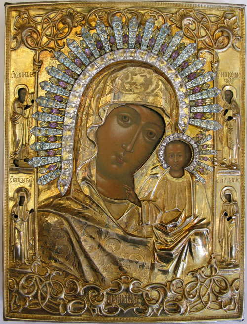 bast38:  Russian Icon - Our Lady of Kazan with four Border Saints - St. John of Parmos, St. Elizabet