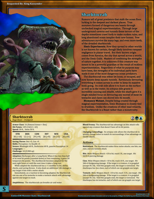 Magic the Gathering: Sharktocrab v1.00.  D&D 5e Monster StatsCommissioned by King KassynderTechn