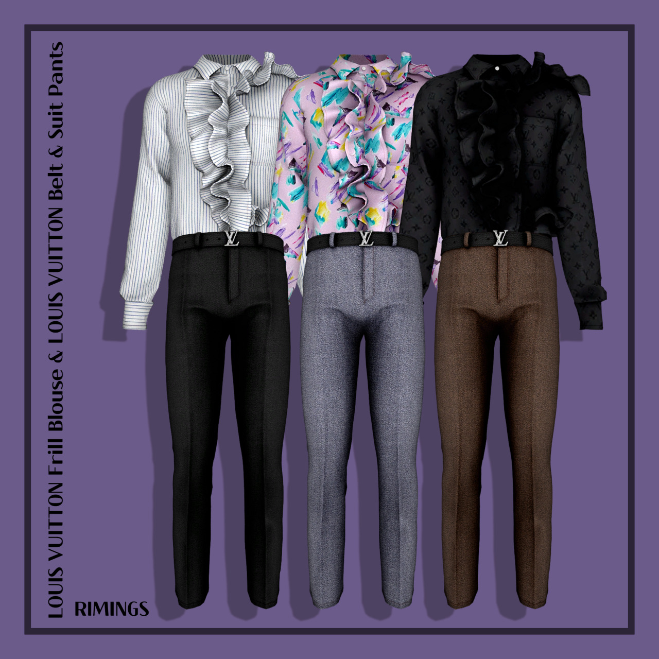 [RIMINGS] LOUIS VUITTON Frill Blouse & LOUIS VUITTON Belt & Suit Pants ...