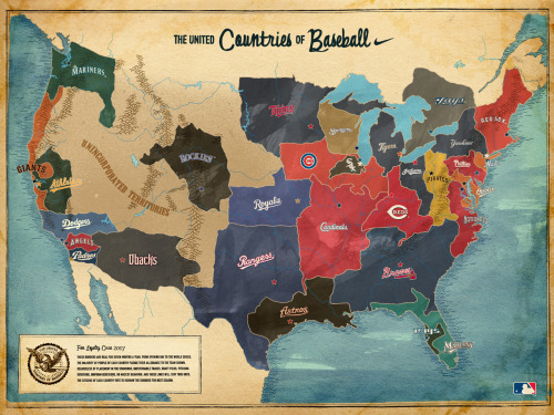 mapsontheweb:  United Countries of Baseball: fan loyalty circle, 2007.  This map is off.  More 