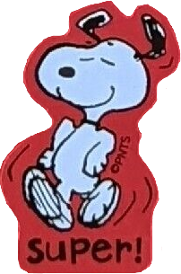 sticker of snoopy from peanuts. he is dancing with his hands on his hips. the sticker has a red trim and reads 'super!'