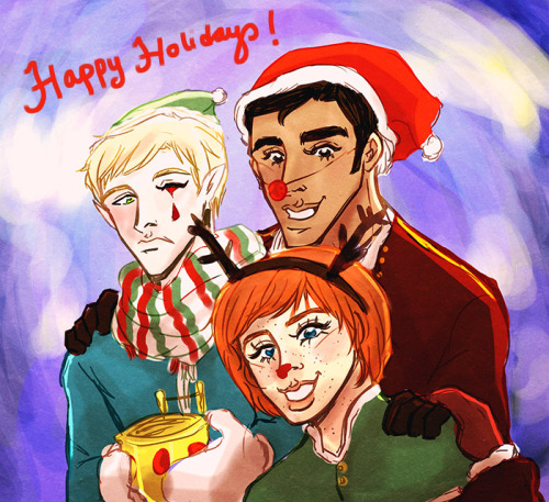 cappydemon:
“ Happy Holidays!
Hope you all had a good Boxing Day (I live in the future, so it’s just turned the 27th for me).
Characters from my webcomic, Lefteris, Hilmar, & Avel wishing you a great, if belated, festive season! (Offscreen is Niall,...